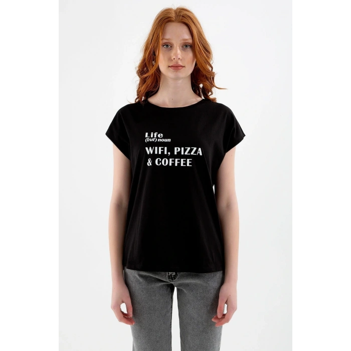 22y0078k1 Bisiklet Yaka Normal Kalıp Baskılı Siyah Kadın T-shirt