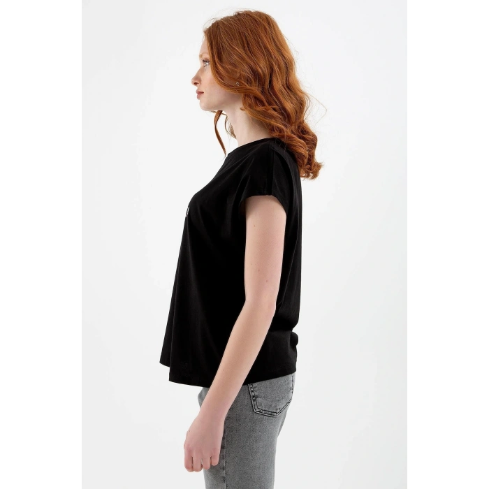 22y0078k1 Bisiklet Yaka Normal Kalıp Baskılı Siyah Kadın T-shirt