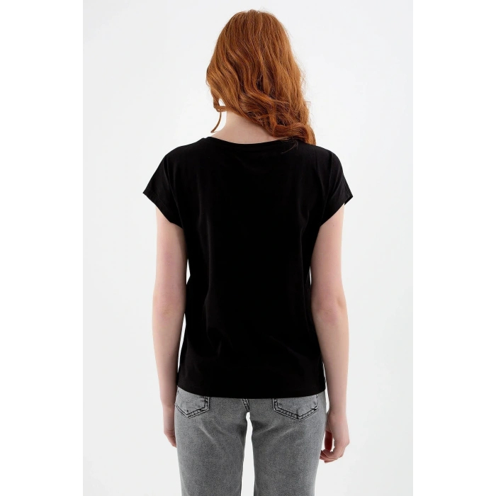 22y0078k1 Bisiklet Yaka Normal Kalıp Baskılı Siyah Kadın T-shirt