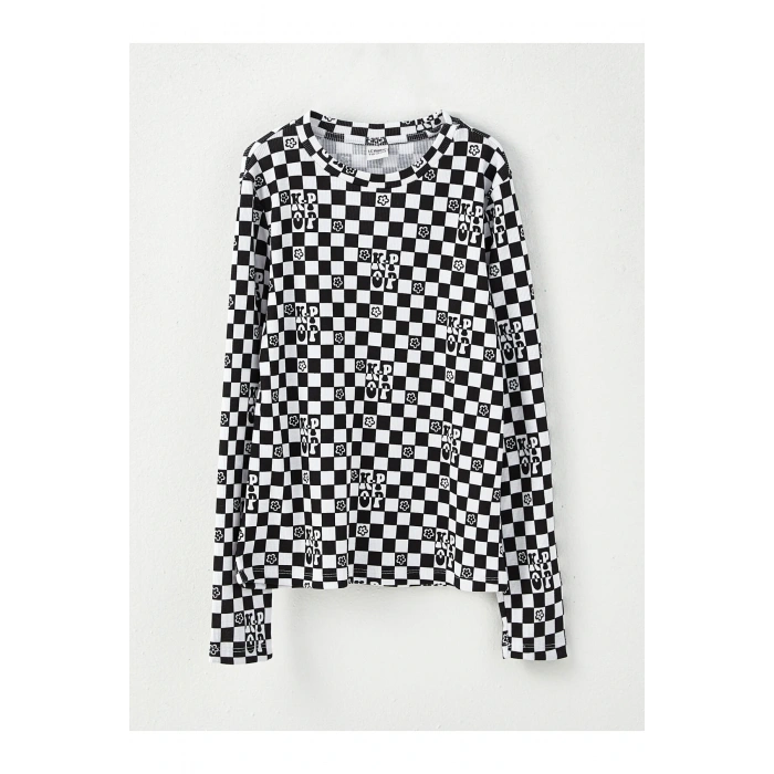 Bisiklet Yaka Baskılı Uzun Kollu Kız Çocuk Tişört