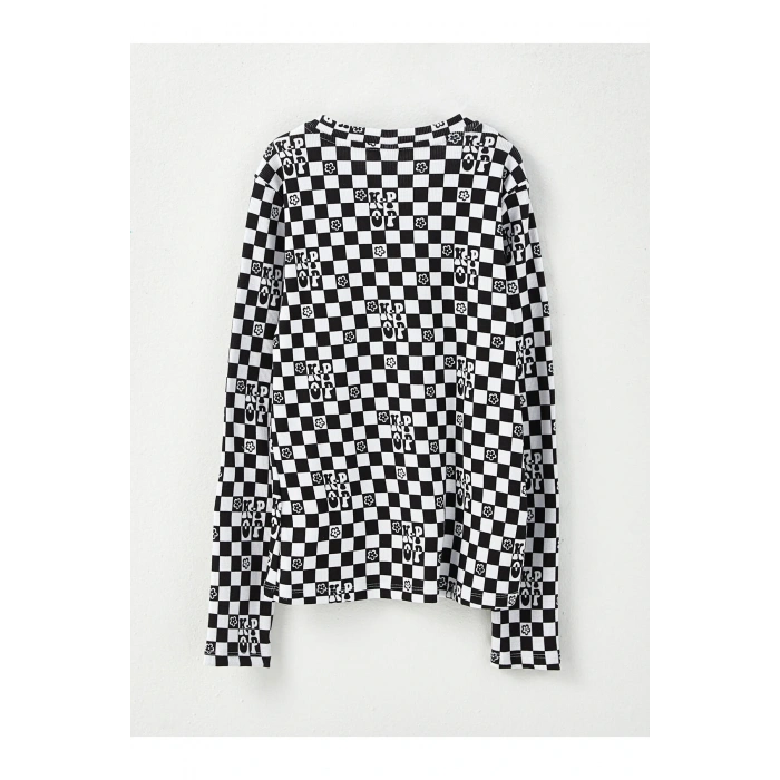 Bisiklet Yaka Baskılı Uzun Kollu Kız Çocuk Tişört