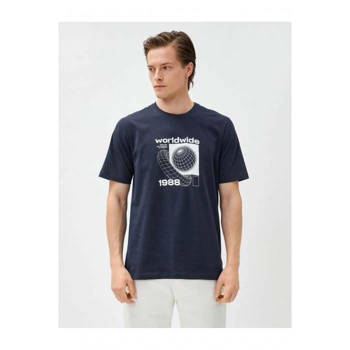 Slogan Baskılı Tişört Bisiklet Yaka Kısa Kollu Pamuklu