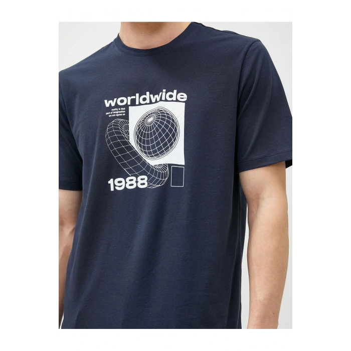 Slogan Baskılı Tişört Bisiklet Yaka Kısa Kollu Pamuklu