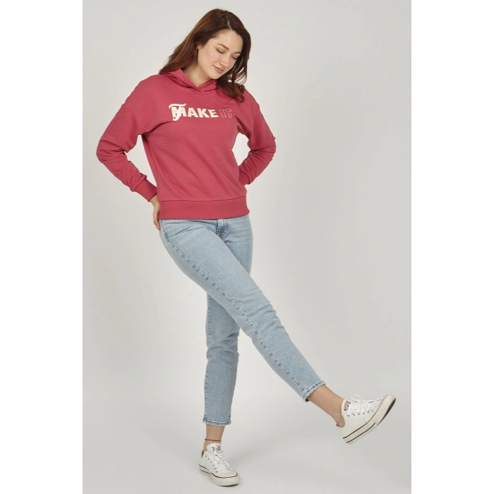 Kadın Baskılı Kapüşonlu Sweatshirt 5376k01 Gül Kurusu