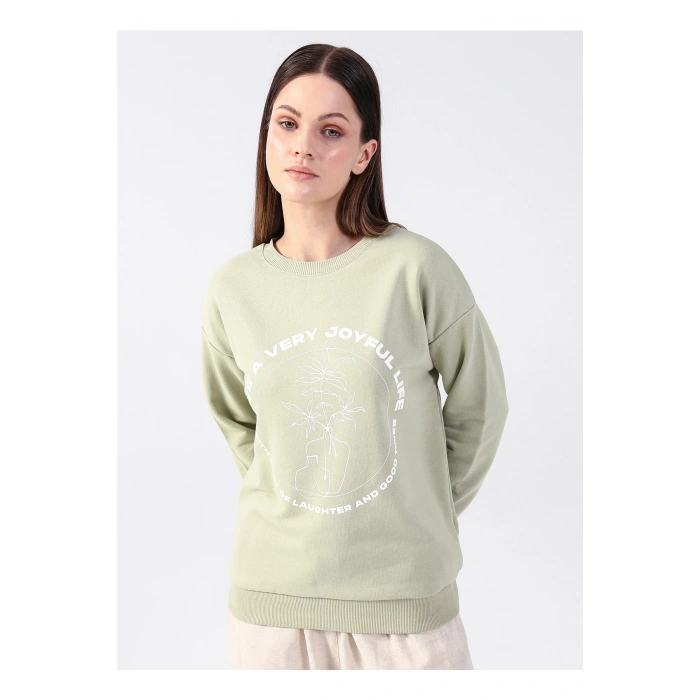 Bisiklet Yaka Baskılı Çağla Kadın Sweatshırt 22k0572k1