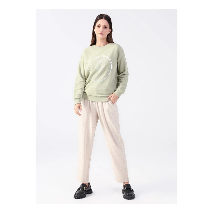 Bisiklet Yaka Baskılı Çağla Kadın Sweatshırt 22k0572k1