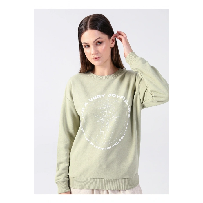 Bisiklet Yaka Baskılı Çağla Kadın Sweatshırt 22k0572k1