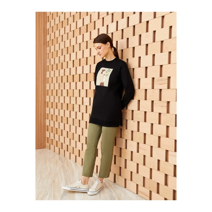 Bisiklet Yaka Baskılı Uzun Kollu Kadın Tunik