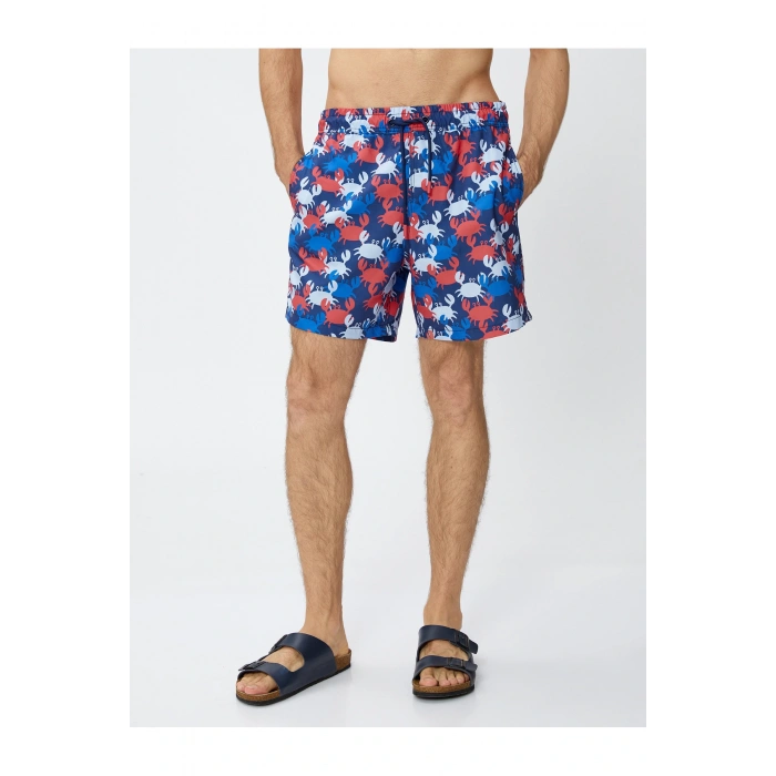 Deniz Şortu Yengeç Baskılı Beli Bağcıklı Cepli