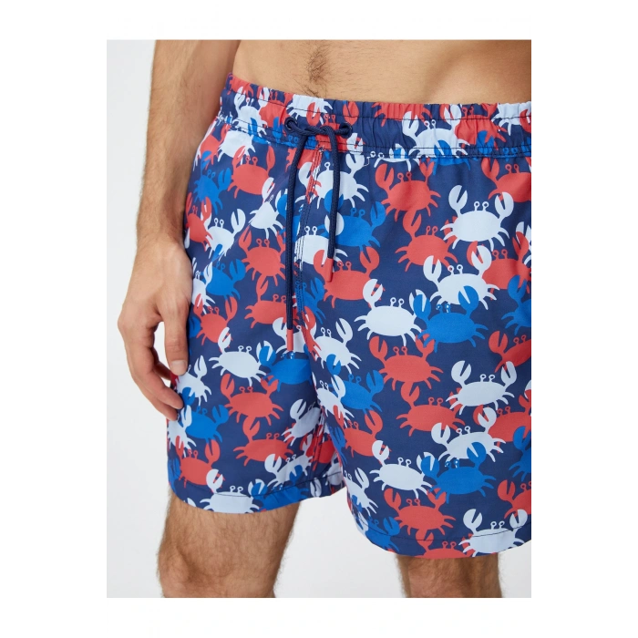 Deniz Şortu Yengeç Baskılı Beli Bağcıklı Cepli