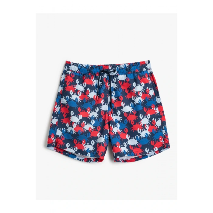 Deniz Şortu Yengeç Baskılı Beli Bağcıklı Cepli