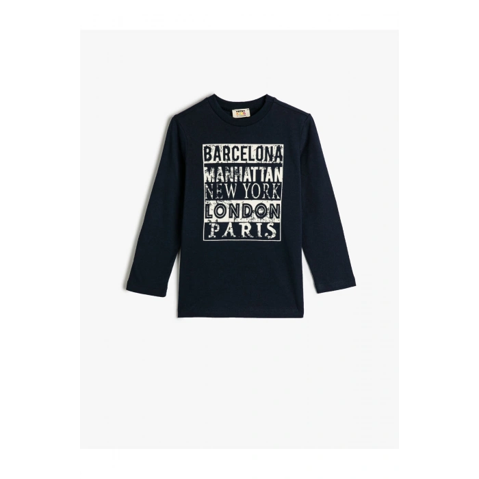 Tişört Uzun Kollu Bisiklet Yaka Slogan Baskılı Pamuklu