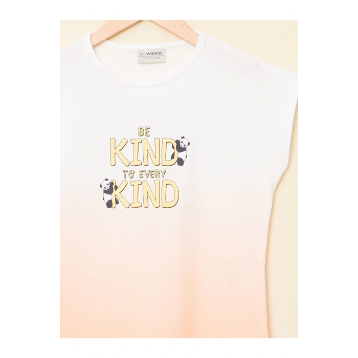 Bisiklet Yaka Baskılı Kısa Kollu Kız Çocuk Tişört