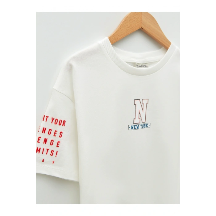 Bisiklet Yaka Baskılı Kısa Kollu Pamuklu Kız Çocuk Tişört