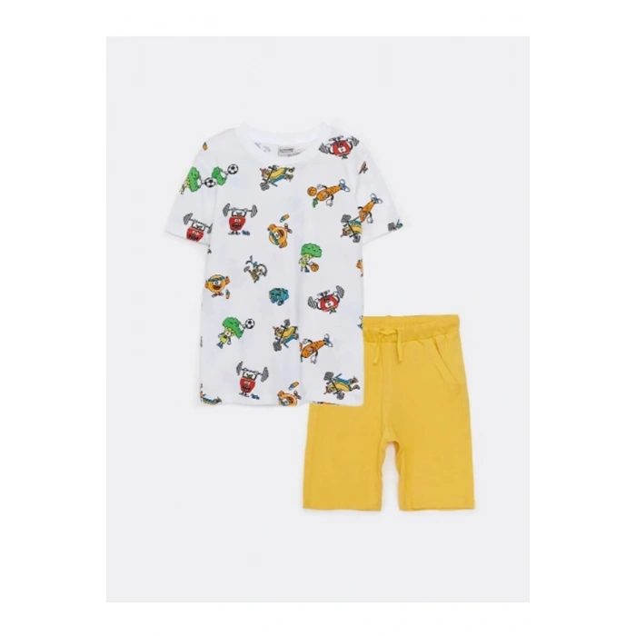 Bisiklet Yaka Baskılı Kısa Kollu Erkek Çocuk Tişört Ve Bermuda