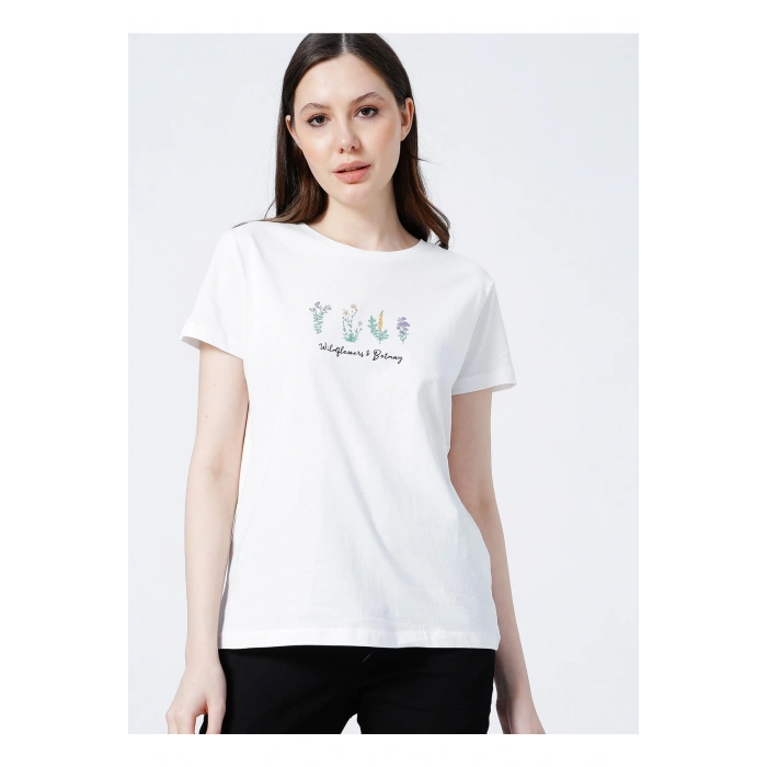 22y0041k1 Bisiklet Yakakısa Kollu Normal Kalıp Baskılı Ekru Kadın T-shirt