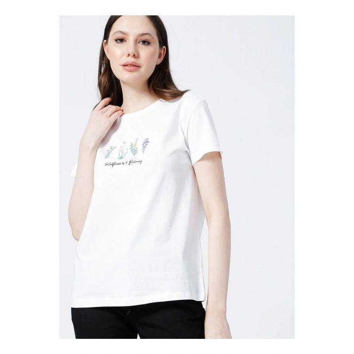 22y0041k1 Bisiklet Yakakısa Kollu Normal Kalıp Baskılı Ekru Kadın T-shirt