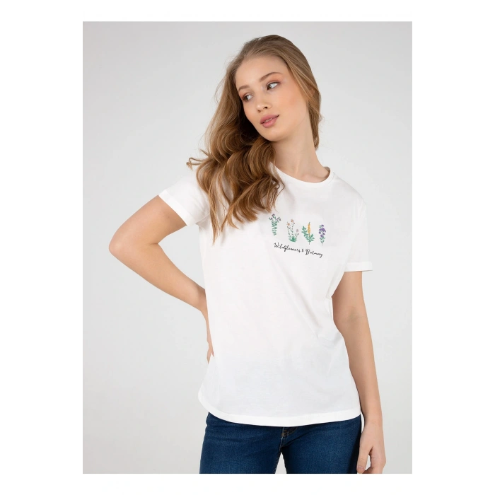 22y0041k1 Bisiklet Yakakısa Kollu Normal Kalıp Baskılı Ekru Kadın T-shirt