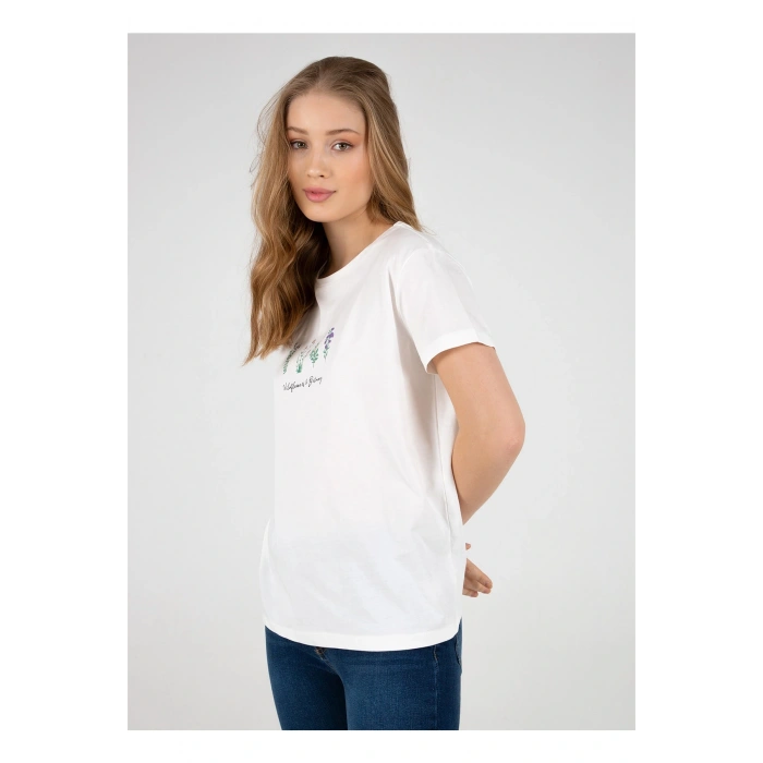 22y0041k1 Bisiklet Yakakısa Kollu Normal Kalıp Baskılı Ekru Kadın T-shirt