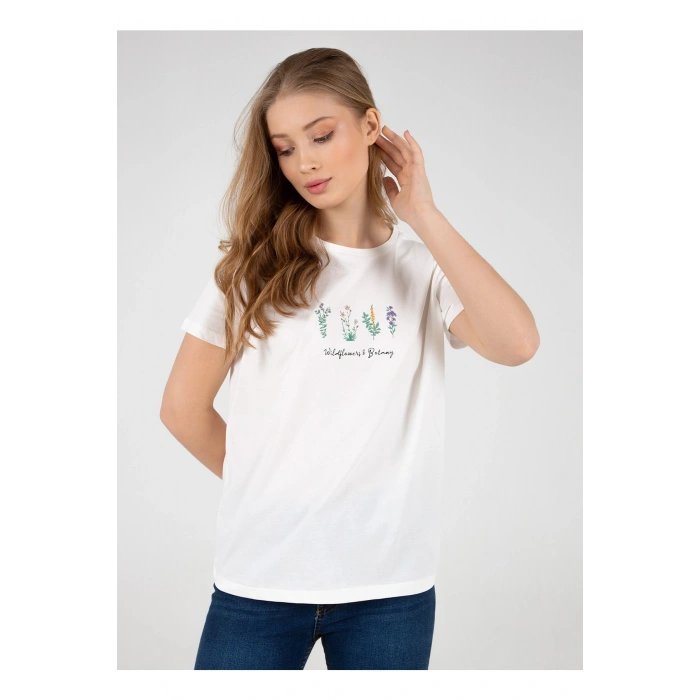 22y0041k1 Bisiklet Yakakısa Kollu Normal Kalıp Baskılı Ekru Kadın T-shirt