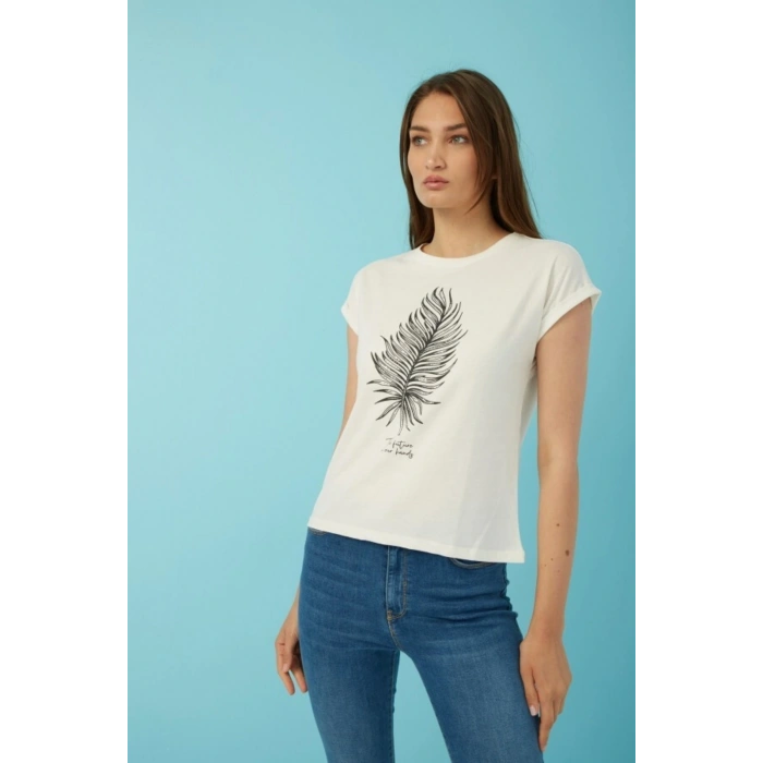 22y0081k1 Bisiklet Yakadüşük Omuz Normal Kalıp Baskılı Ekru Kadın T-shirt