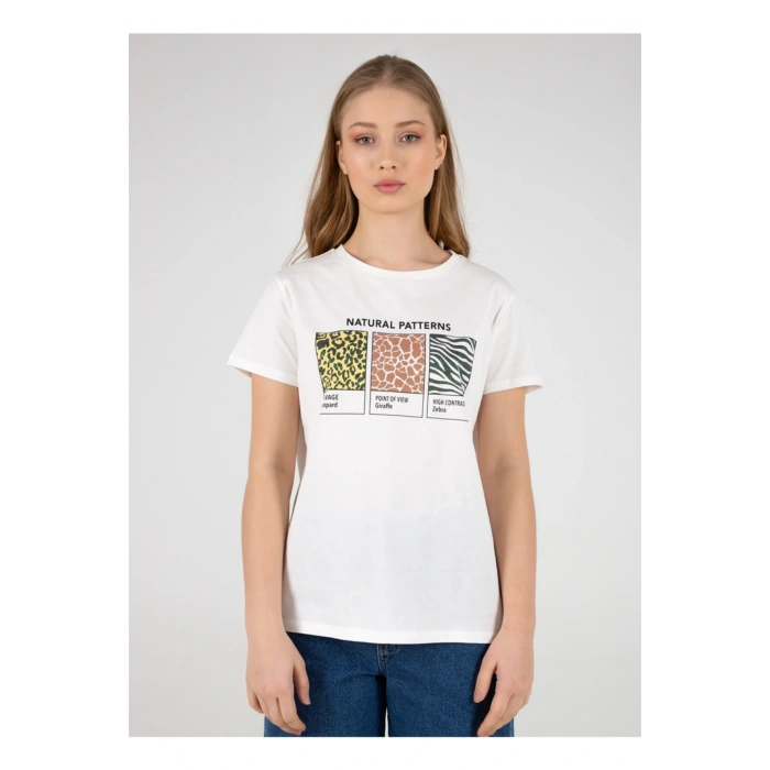 22y0654k1 Bisiklet Yakakısa Kollu Normal Kalıp Baskılı Beyaz Kadın T-shirt