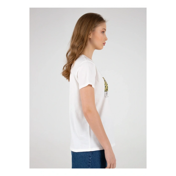 22y0654k1 Bisiklet Yakakısa Kollu Normal Kalıp Baskılı Beyaz Kadın T-shirt