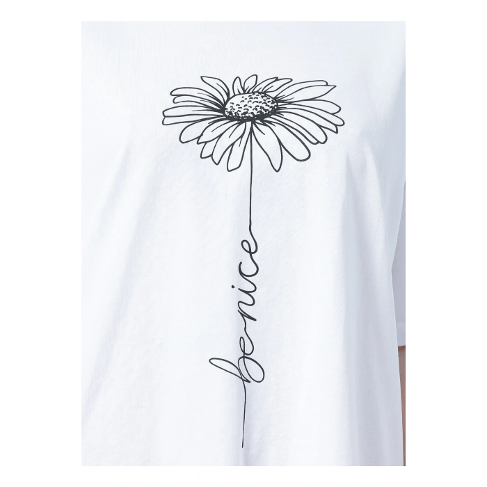 22y0402k1 Bisiklet Yaka Relaxed Baskılı Beyaz Kadın T-shirt