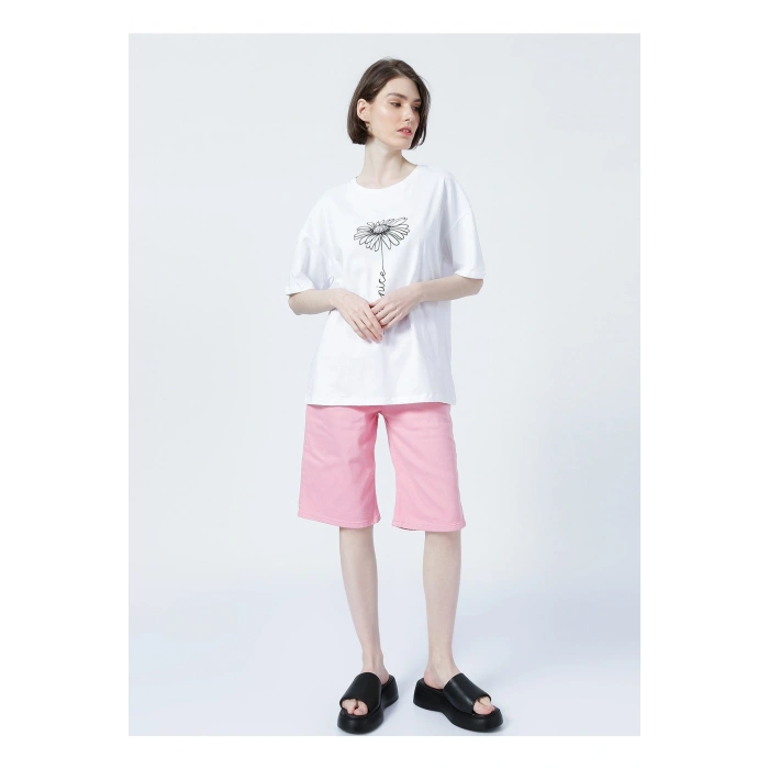 22y0402k1 Bisiklet Yaka Relaxed Baskılı Beyaz Kadın T-shirt