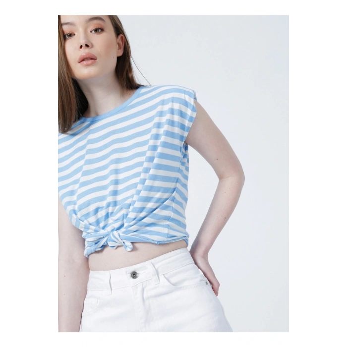 22y0058k1 Bisiklet Yakakolsuz Normal Kalıp Çizgili Mavi Kadınt-shirt