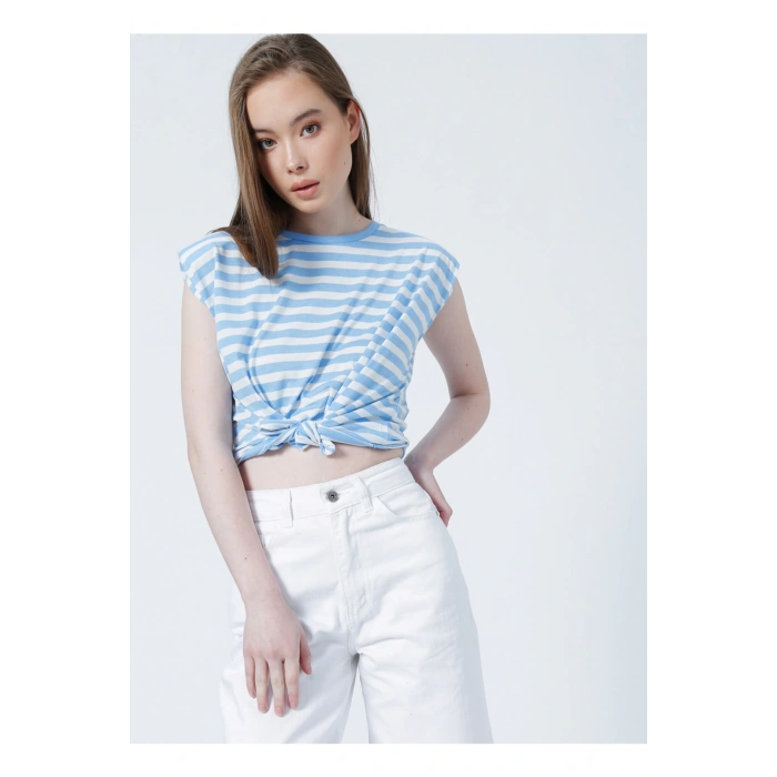 22y0058k1 Bisiklet Yakakolsuz Normal Kalıp Çizgili Mavi Kadınt-shirt