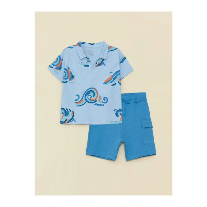 Polo Yaka Kısa Kollu Baskılı Erkek Bebek Tişört Ve Şort 2li Takım