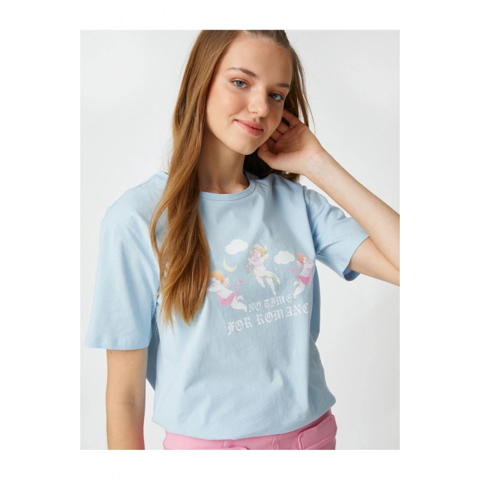 Oversize Tişört Slogan Baskılı Kısa Kollu Bisiklet Yaka