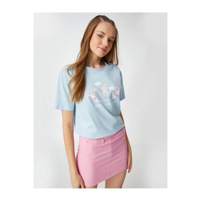 Oversize Tişört Slogan Baskılı Kısa Kollu Bisiklet Yaka