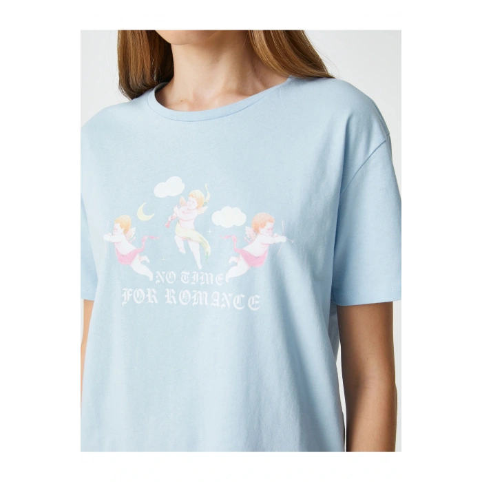 Oversize Tişört Slogan Baskılı Kısa Kollu Bisiklet Yaka