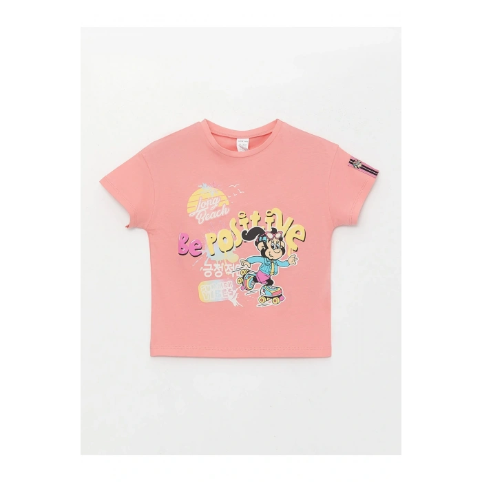 Bisiklet Yaka Kısa Kollu Nostaljik Maymun Baskılı Kız Bebek Tişört