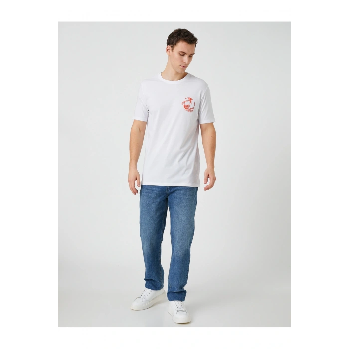 Bisiklet Yaka Tişört Palmiye Baskılı Kısa Kollu