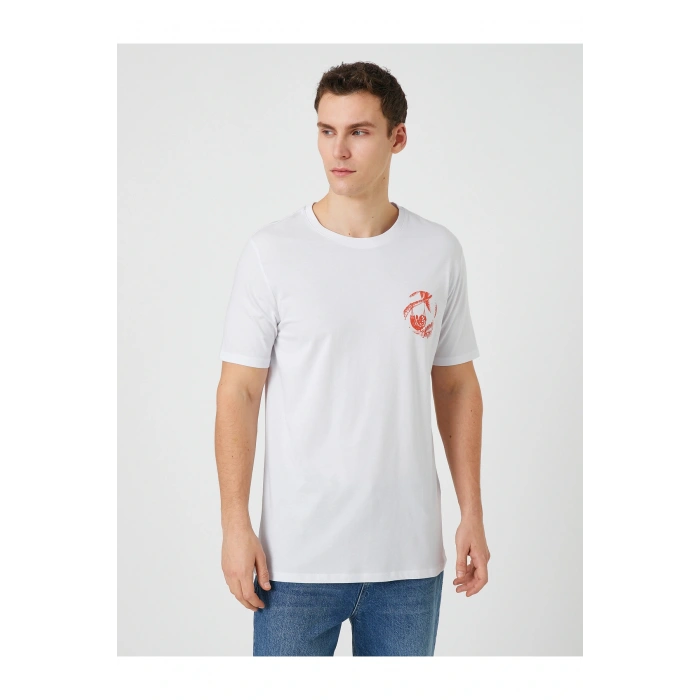 Bisiklet Yaka Tişört Palmiye Baskılı Kısa Kollu