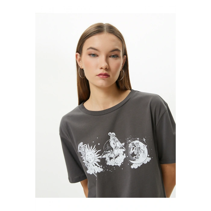 Baskılı Tişört Kısa Kollu Bisiklet Yaka Pamuklu