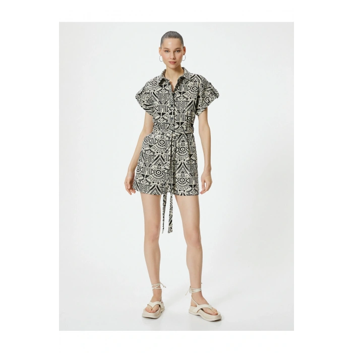 Şort Tulum Kısa Kollu Düğmeli Etnik Desenli Beli Kuşaklı Pamuklu