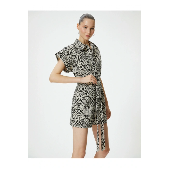 Şort Tulum Kısa Kollu Düğmeli Etnik Desenli Beli Kuşaklı Pamuklu