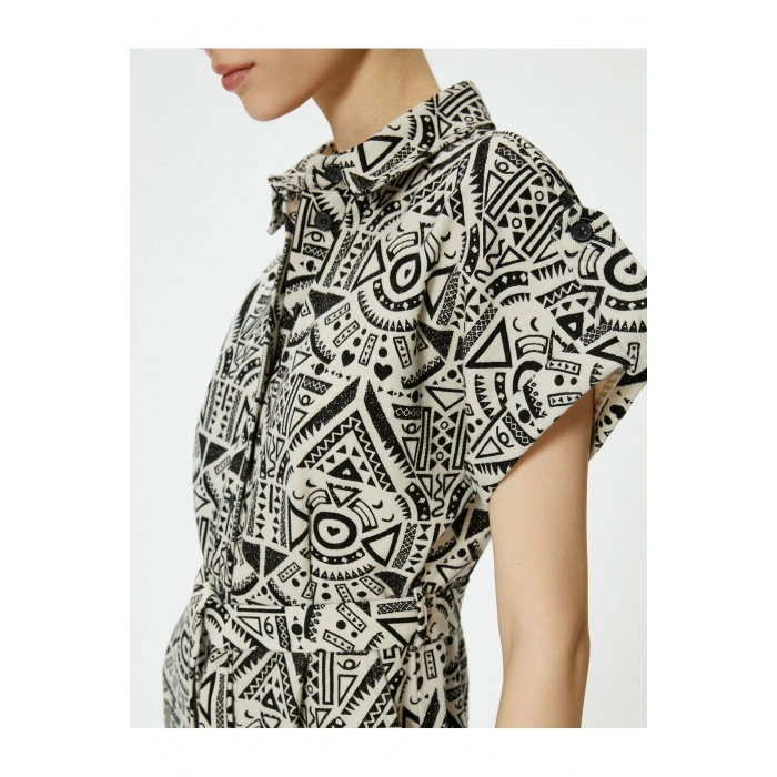 Şort Tulum Kısa Kollu Düğmeli Etnik Desenli Beli Kuşaklı Pamuklu