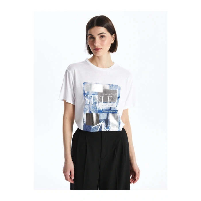 LCW Vision Bisiklet Yaka Baskılı Kısa Kollu Kadın Tişört