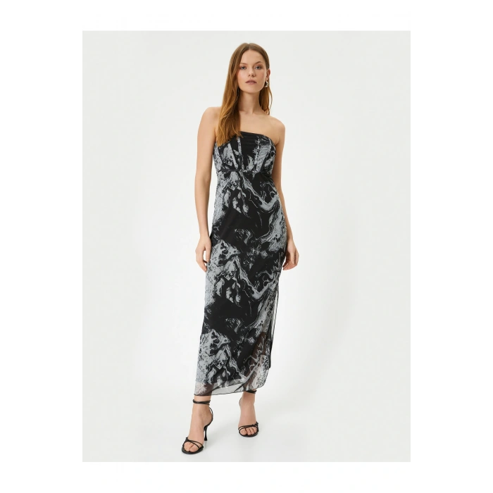 Straplez Midi Elbise Korse Detaylı