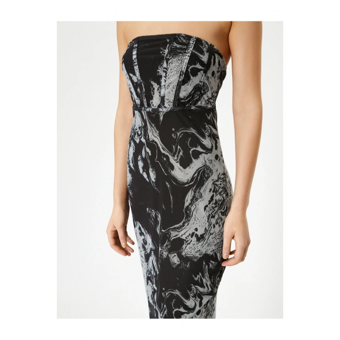 Straplez Midi Elbise Korse Detaylı