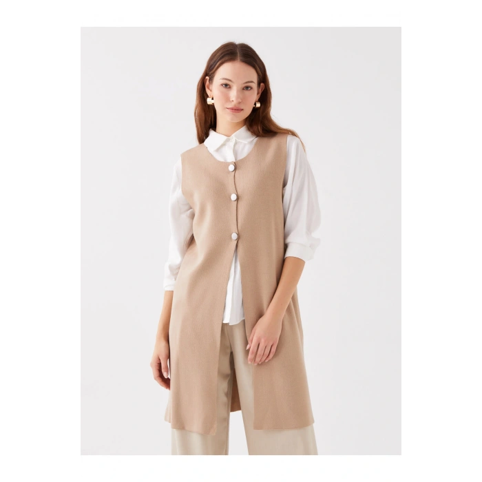 Bisiklet Yaka Düz Kadın Triko Yelek