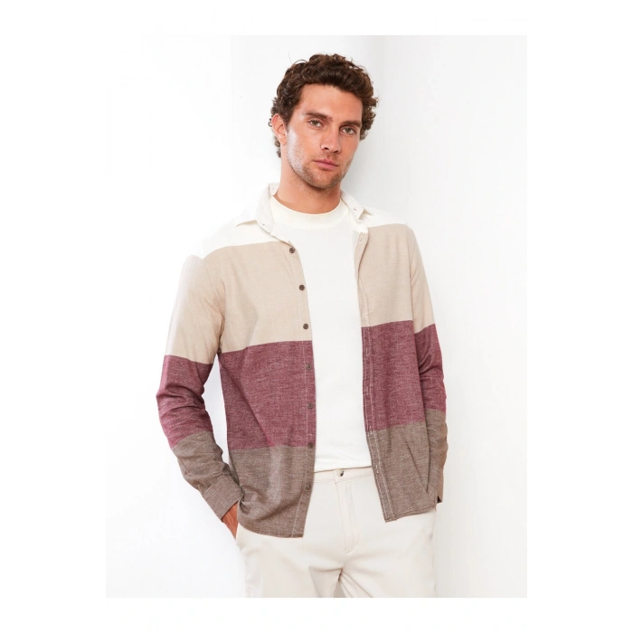 Slim Fit Uzun Kollu Renk Bloklu Erkek Gömlek