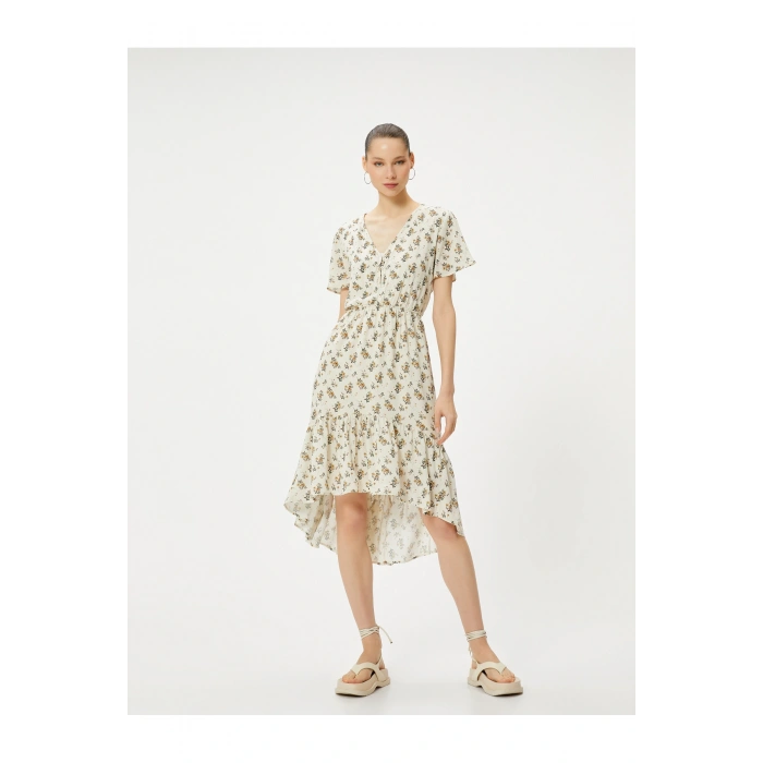 Çiçekli Midi Elbise Asimetrik Kesim Fırfırlı Kısa Kollu V Yaka Düğmeli Astarlı