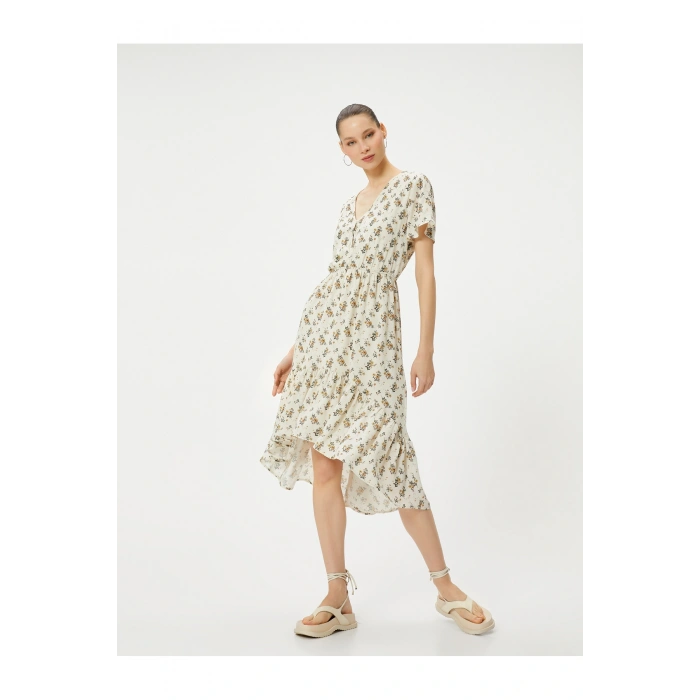 Çiçekli Midi Elbise Asimetrik Kesim Fırfırlı Kısa Kollu V Yaka Düğmeli Astarlı