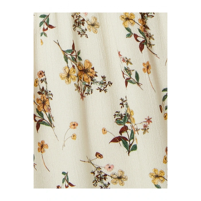 Çiçekli Midi Elbise Asimetrik Kesim Fırfırlı Kısa Kollu V Yaka Düğmeli Astarlı